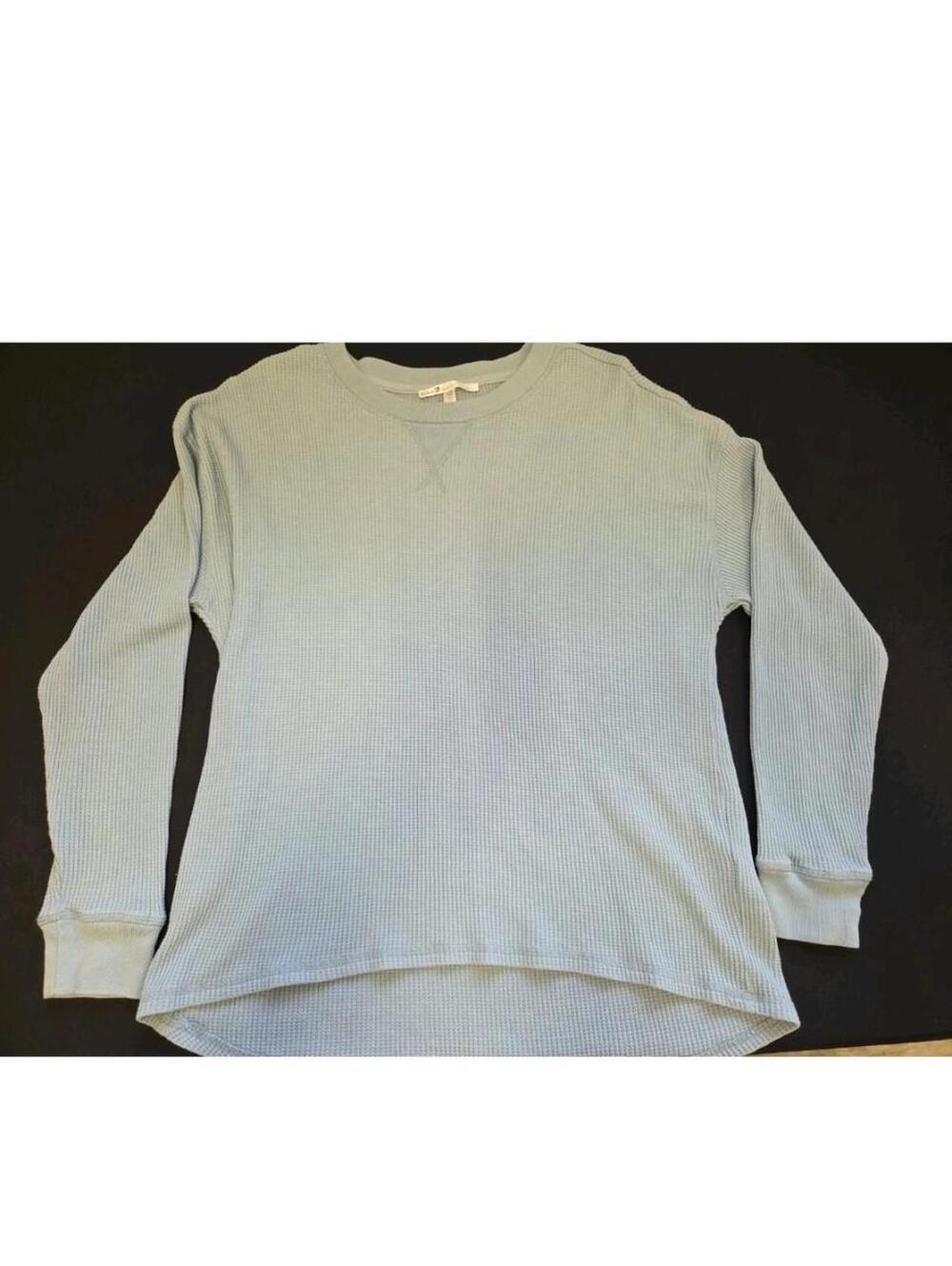 Seven7 Women's Large Waffle Knit Long Sleeve Thermal Pullover in Blue Green